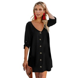 Black V Neck Button Front Roll up Tab Sleeve Dress