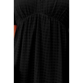 Black Checkered Pattern Puff Sleeve Babydoll Dress